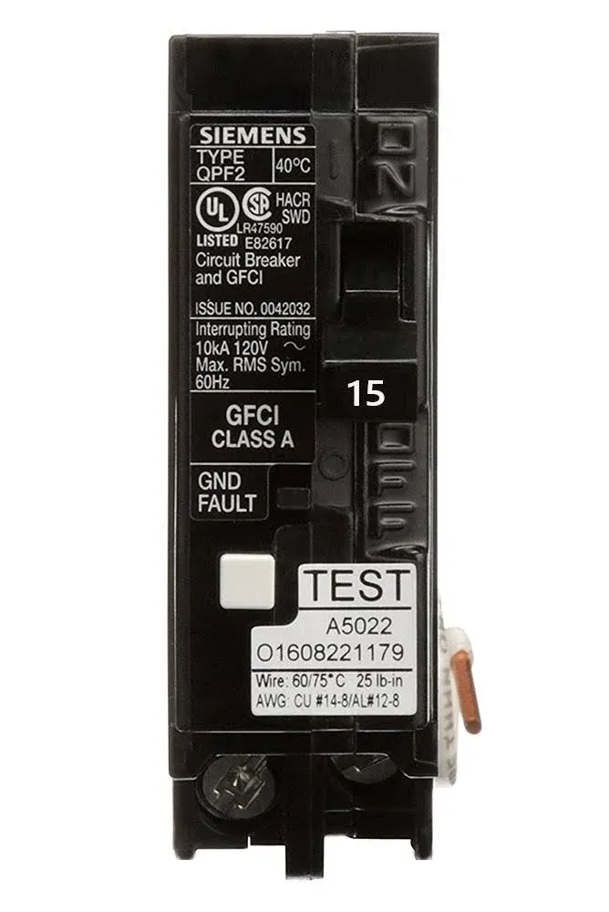 Siemens QF115A SIEQF115A Interrupteur de circuit de défaillance de terre 15 A 1 pôle 120 V 10 000 AIC Noir