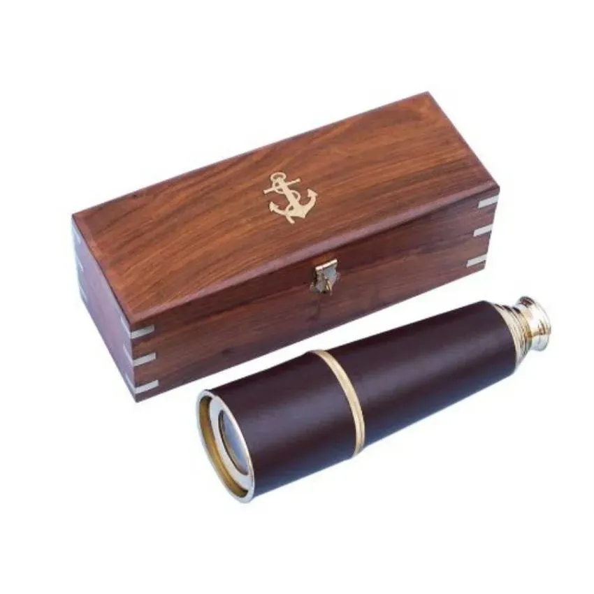 Admiral's Leather Spyglass Telescope With Rosewood Box, Brass, 32"