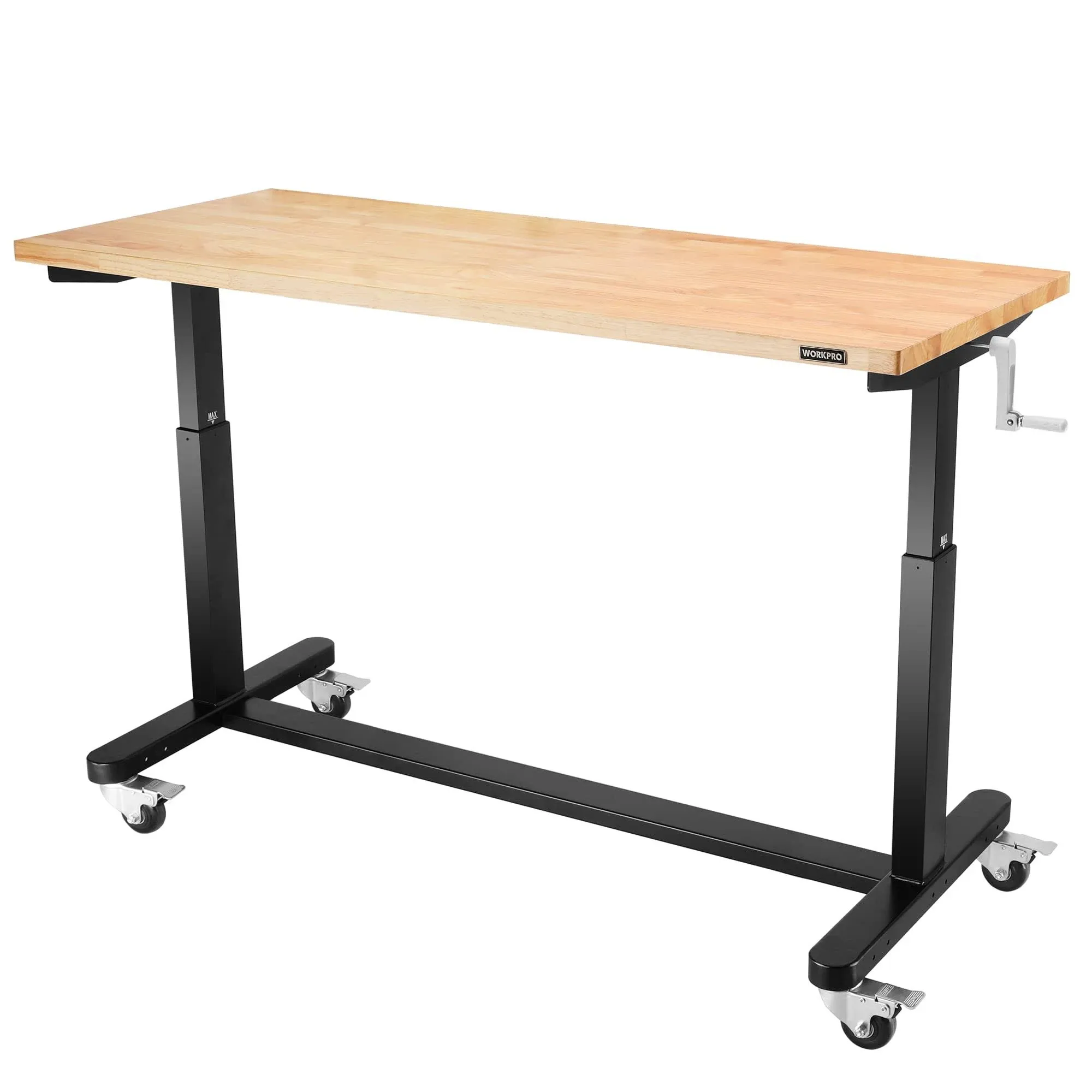 WORKPRO 60" Height Adjustable Work Table with Crank Handle, with Casters and Leveling Feet, 500 Lbs Load Capacity