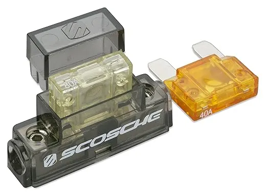 Scosche PMFHIKF in-line Fuse Holder for 4 or 8 Gauge Power Wire. Includes 40 and 80 Amp Maxi-Fuses