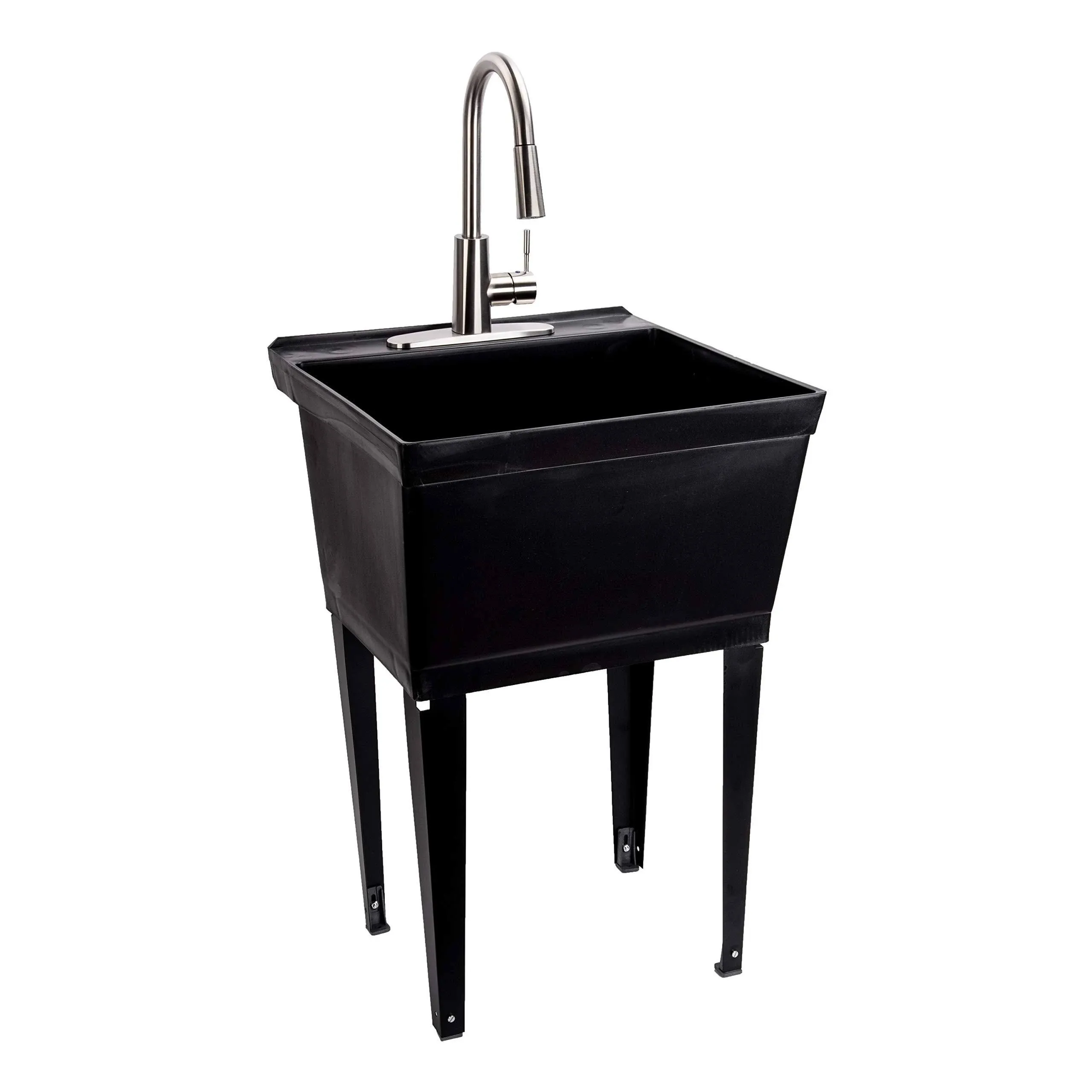 Laundry Sink Utility Tub With High Arc Metal Pull Down Faucet By JS Jackson Supplies, Stainless Faucet, Black Tub