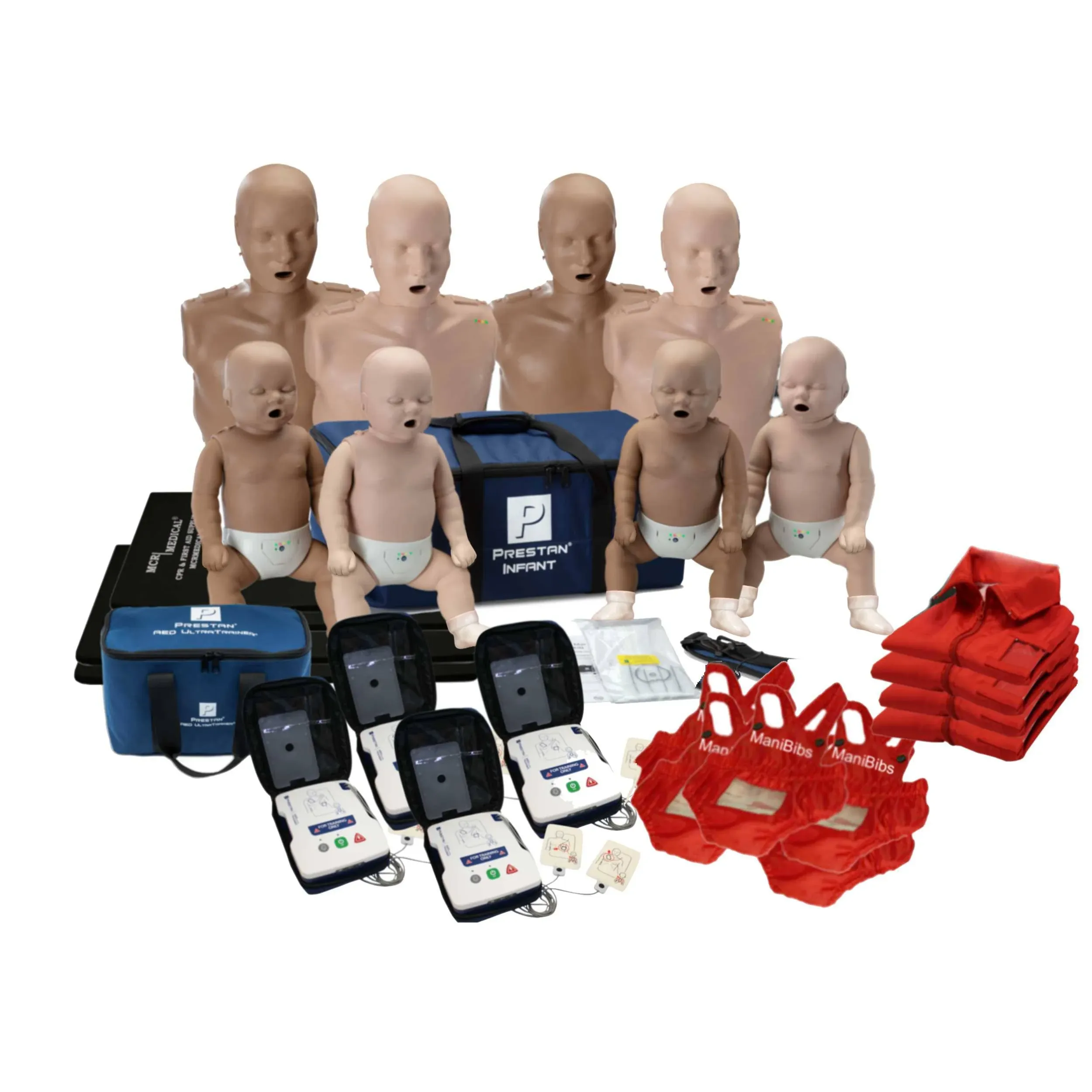 Prestan's Diversity Adult Manikin 4-Pack w. Feedback, Infant Manikin 4-Pack w. Feedback, AED UltraTrainers, Wheeled CarryAll, & MCR accessoriesPrestan's Diversity Adult Manikin 4-Pack w. Feedback,…