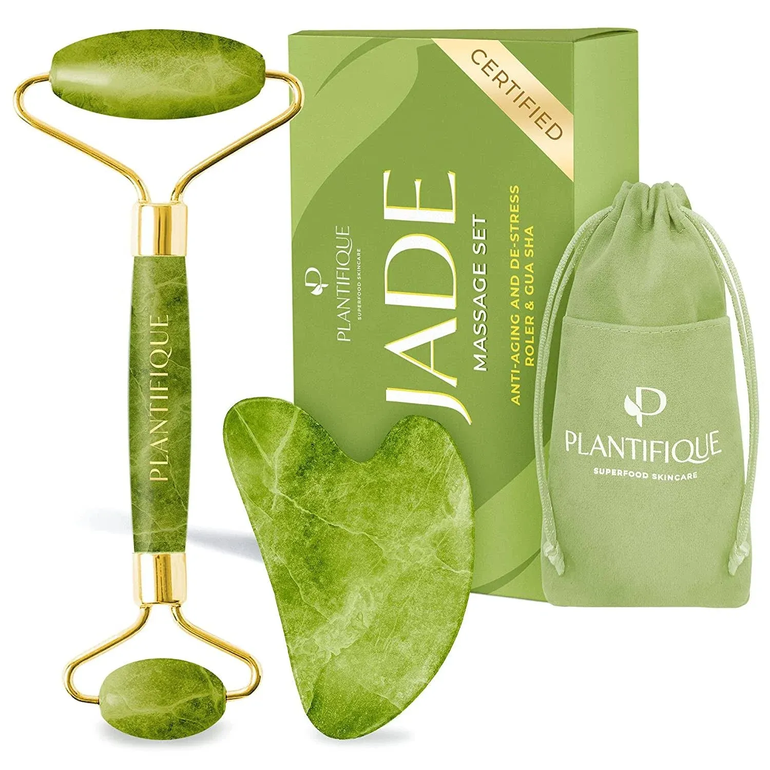 Jade Roller for Face and Gua Sha Facial Tools - Includes Real Jade Roller and Gua Sha Set - Certified Face Roller and GuaSha for your Skincare Routine by PlantifiqueJade Roller for Face and Gua Sha Facial Tools - Includes R…