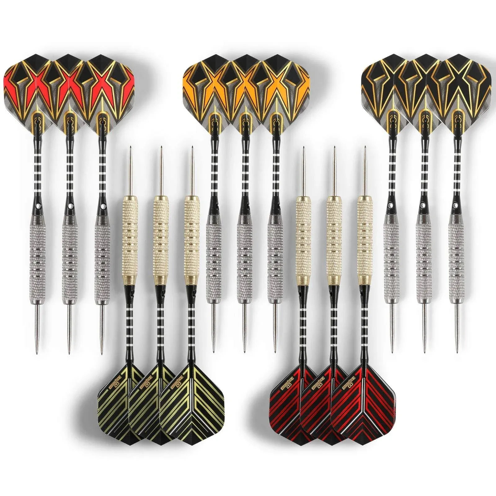 CC-Exquisite Professional Steel Tip Darts Set - 6 x 22g Brass Barrels with 12 Flights Standard/Slim, 12 Aluminum Shafts 35/48mm, 12 O-Rings, Dart Tool, Dart Sharpener and Case (Black & Gold)