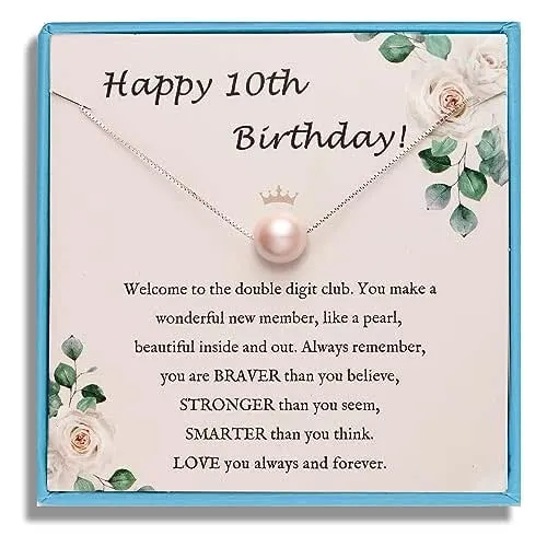 Sereney 10th Birthday Gifts for Teens Sterling Silver Pink Pearl Necklace as Gifts for 10 Year Old, Adjustable Length 10 Birthday Ideas for Teens Trendy 2024