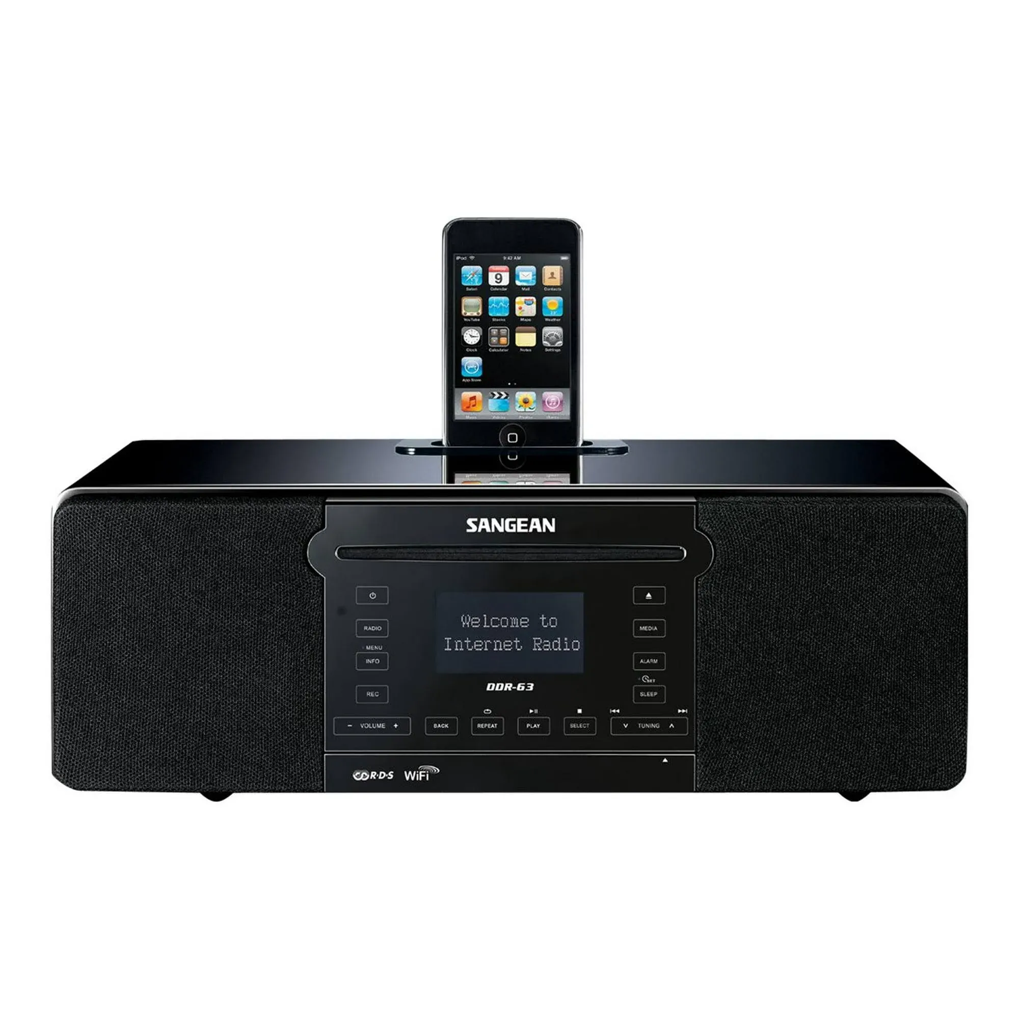 Sangean DDR-63 All-in-One Table Top with WiFi Internet, FM-RDS/Aux In/ CD/USB/iPod Cradle in Acoustically Designed Wooden Cabinet WITH FREE BLUETOOTH MUSIC RECEIVER Black