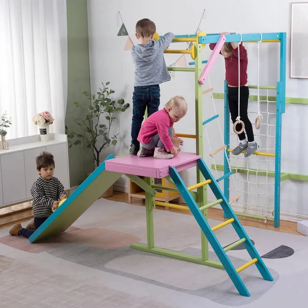 Avenlur Grove 8-in-1 Indoor Jungle Gym with Gymnastic Rings, Climbing Rope, Swing, Slide, Monkey Bars, Rope Wall Net, and Wooden and Rope Ladder - Jungle Play Set for Kids Ages 2-11 Years Old