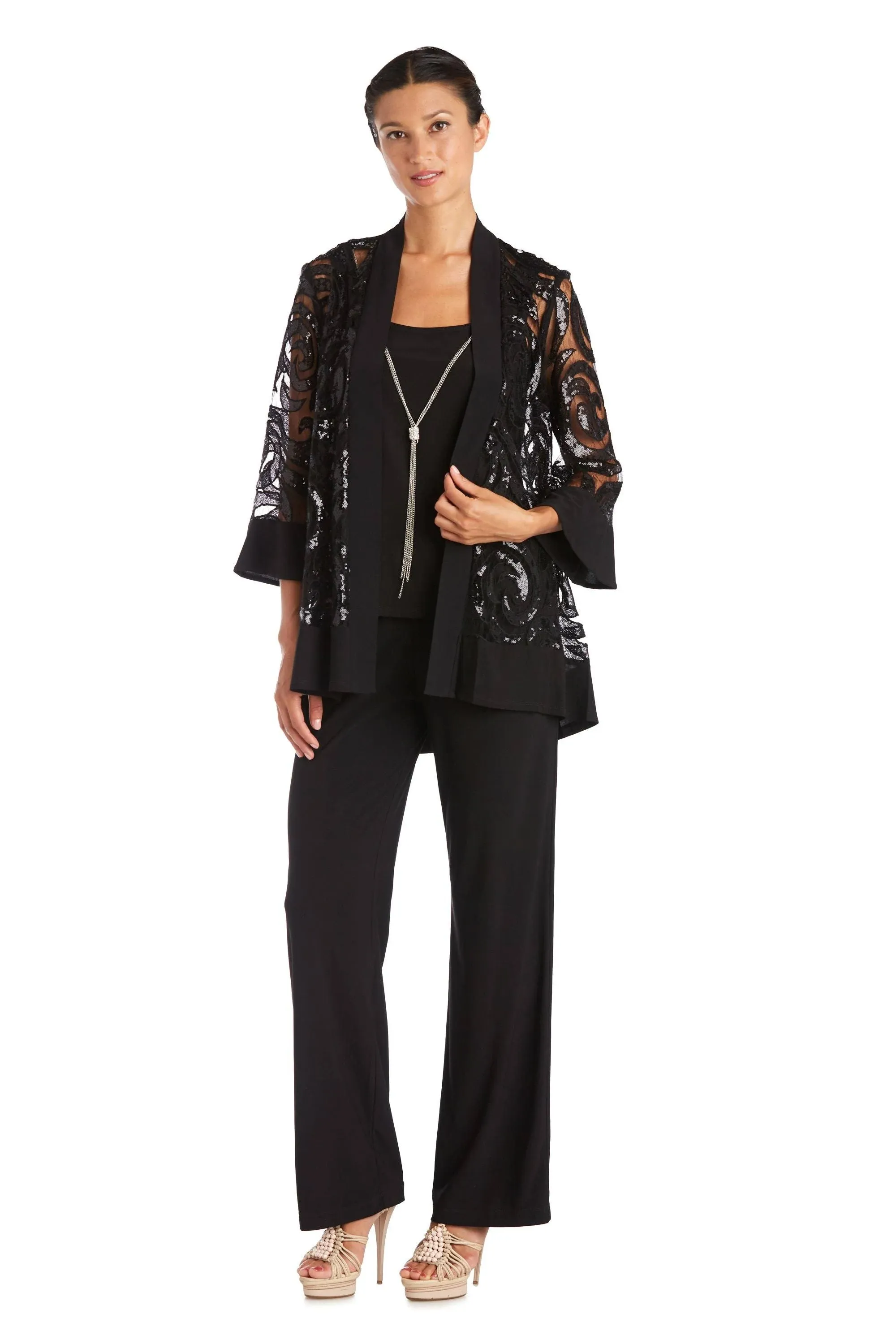 Women&#39;s 2 Piece Sequin Neckace Pantsuit with Necklace