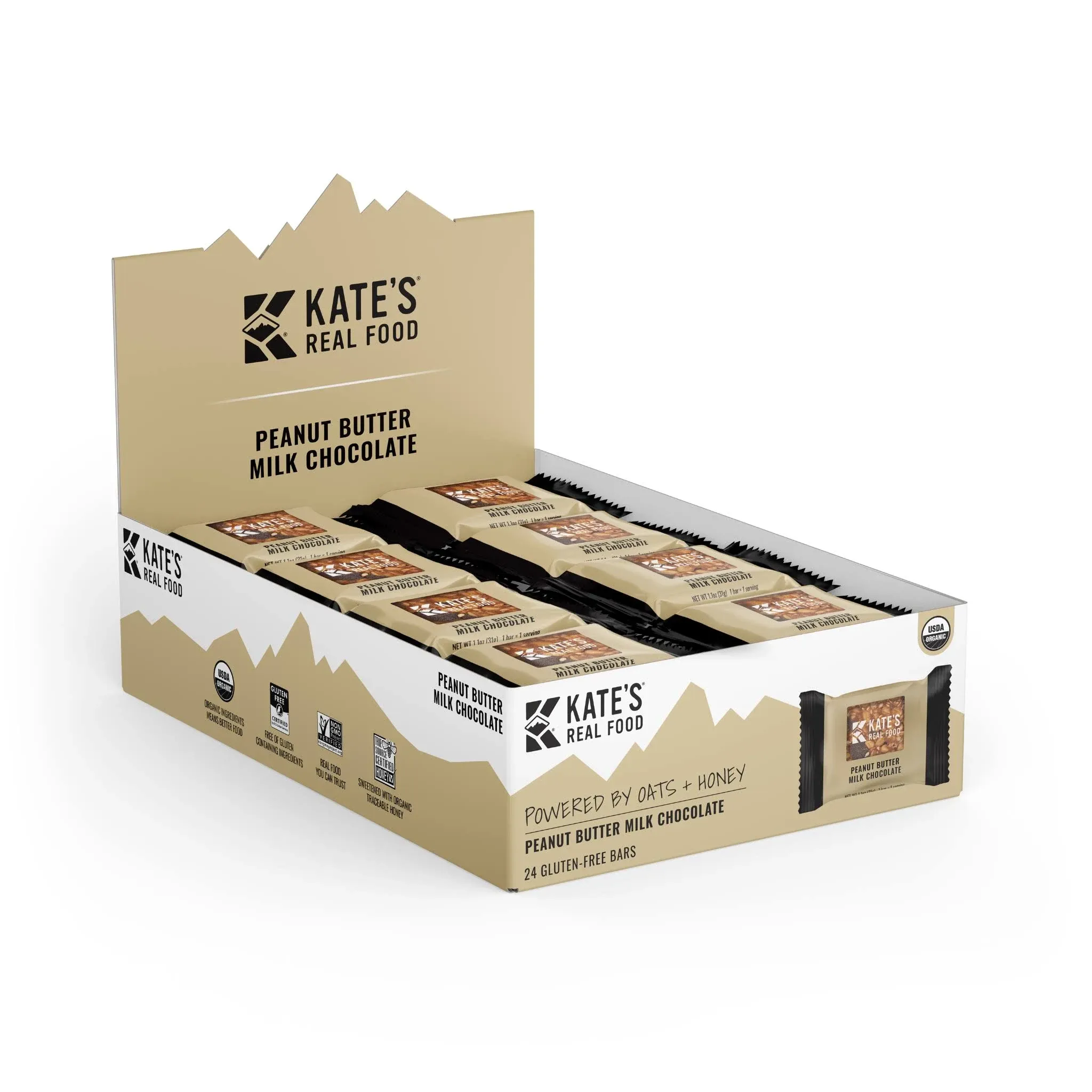 Kate’s Real Food Mini Organic Granola Bars - Peanut Butter Milk Chocolate (1.1 oz, Pack of 24) - Organic Energy Bars Made with Gluten Free Oats - Non GMO, Soy Free, Whole Grains, and All Natural - Healthy Snacks