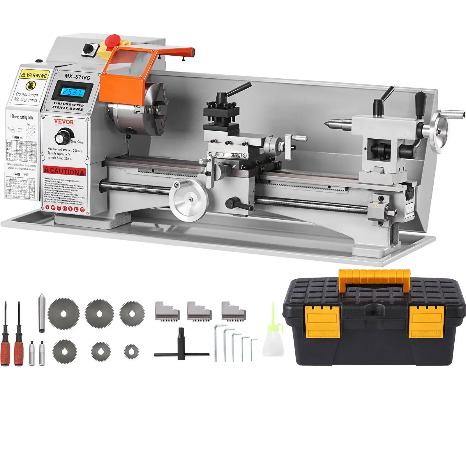 VEVOR Mini Metal Lathe Machine, 7'' x 16'', 800W Precision Benchtop Power Metal Lathe, 150-2500 RPM Continuously Variable Speed, with 3.9'' 3-jaw Metal Chuck Tool Box for Processing Precision Parts