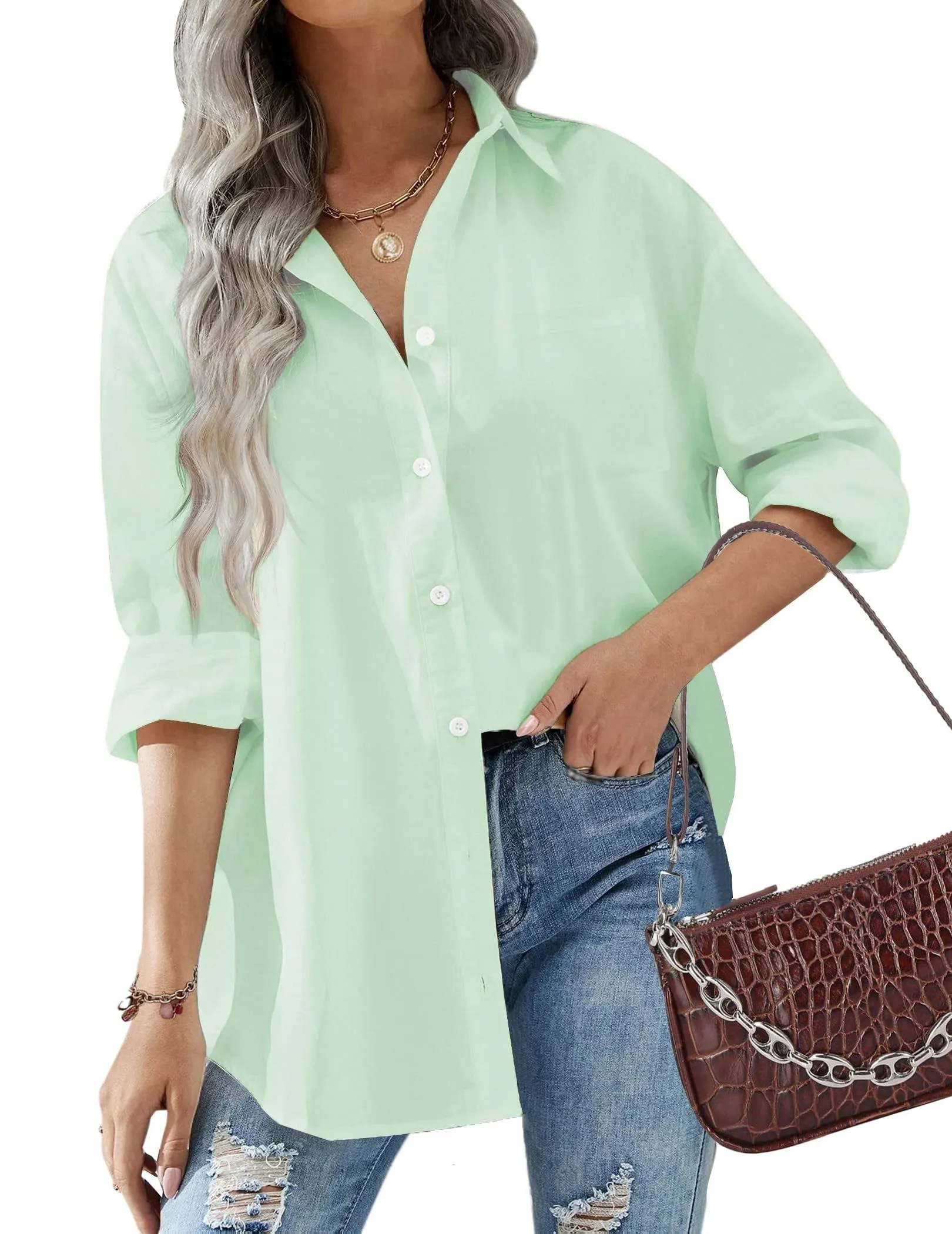 HOTOUCH Women Button Down Shirts Office Drop Shoulder Oversized Blouse Long Slee