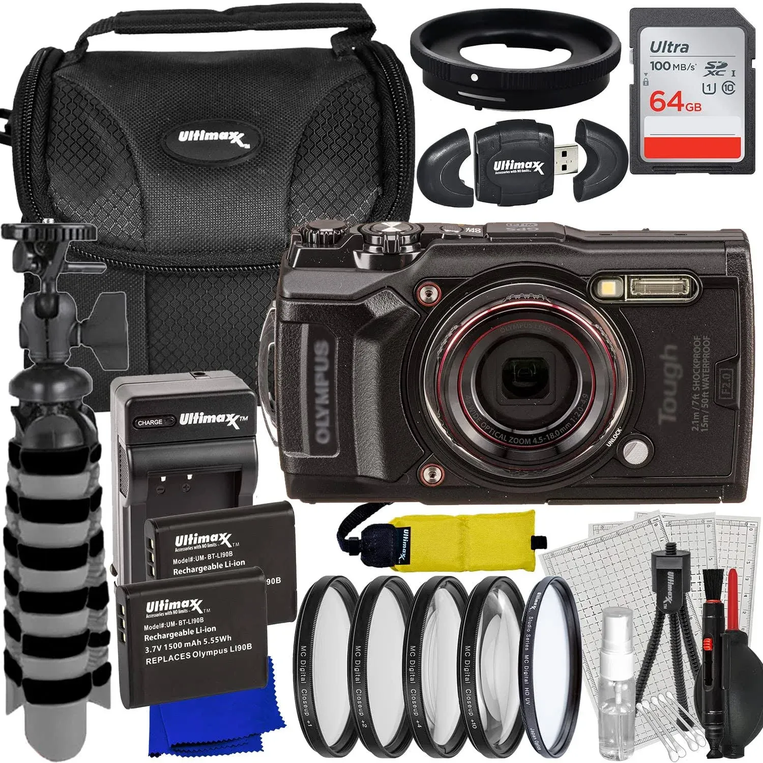 Ultimaxx Advanced Olympus Tough TG-6 Digital Camera Bundle (Black) - Includes: 64GB Ultra Memory Card  2x Replacement Batteries  Protective UV Filter & Much More (27pc Bundle)