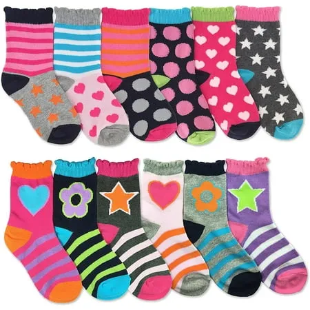 Jefferies Socks Girls Heart Flowers Stars Fashion Pattern Variety Socks 12 Pair Pack