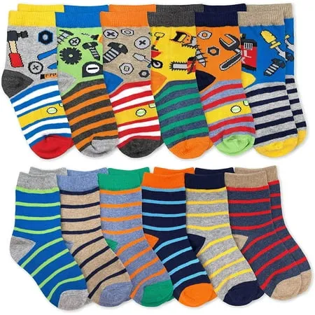 Jefferies Socks Boys Tools Stripes Pattern Variety Crew Socks 12 Pair Pack