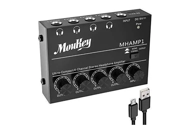 Moukey Headphone Amp Amplifier 4 Channels Metal Stereo Audio Amplifier,Mini Headphone amplifier portable - 4x Quarter Inch Balanced TRS Headphone Output and TRS Audio Input, DC5V Power Supply-MHAMP1