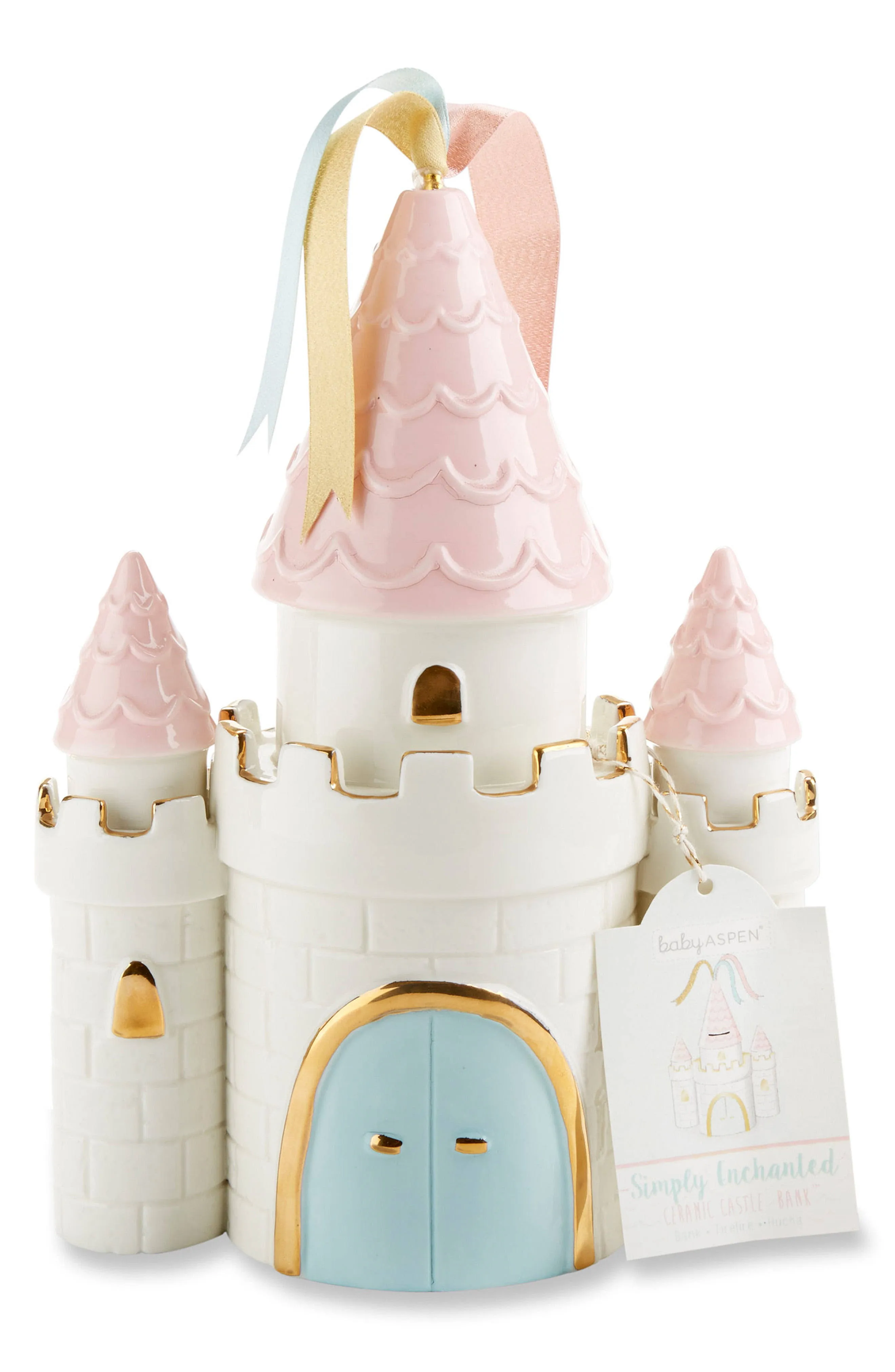 Baby Aspen Simply Enchanted Ceramic Porcelain Princess Castle Piggy Bank Room Decor & Gift, Multicolored , 7.3x4.1x10.2 Inch (Pack of 1)