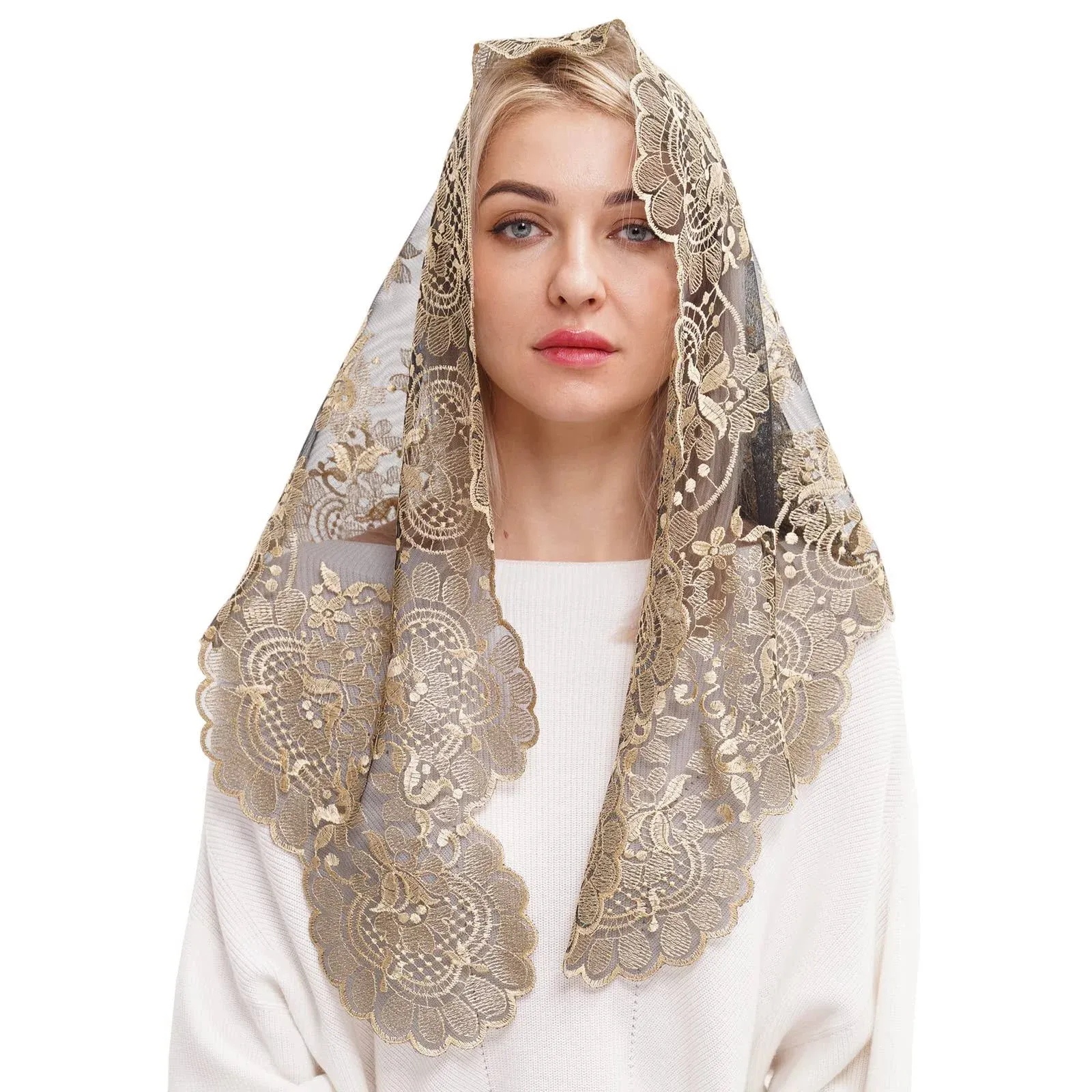 Traditional Head Covering Embroidery Mantilla Lace Triangle Mantilla Veil Lat...