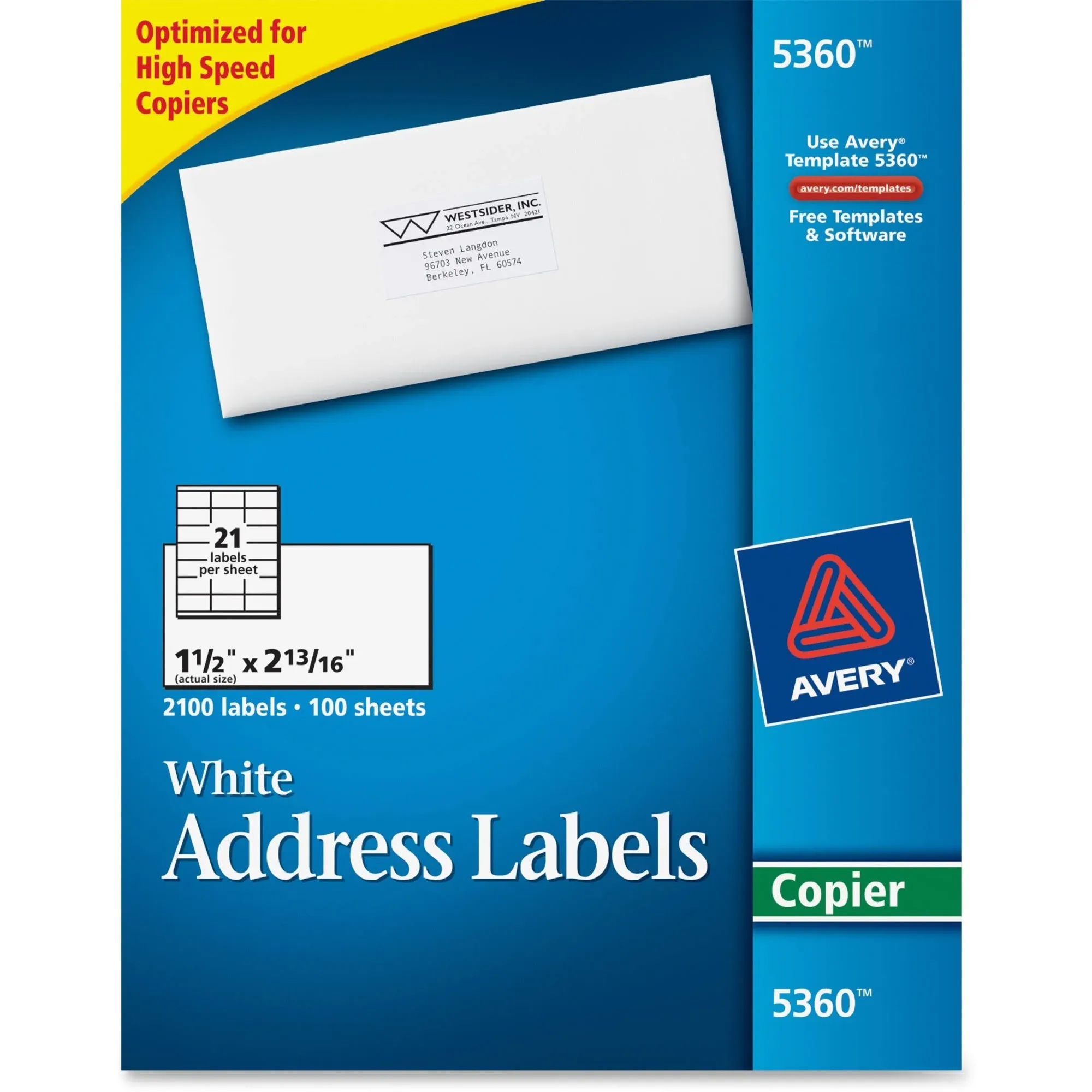 Avery 5360 Copier Label, Mailing, 1-1/2-Inch x2-13/16-Inch, 2100/BX, White