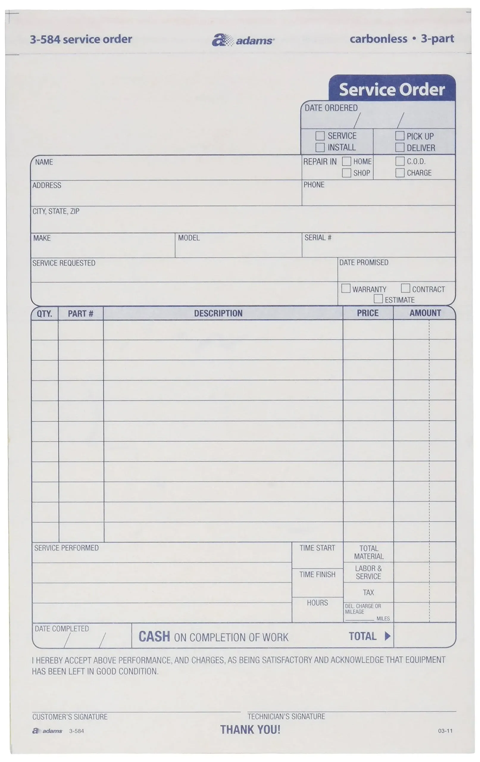 Adams Service Order Form, 3 Part, Carbonless, 5 2/3"X9" Inches, 250 Sets per Pack (3-584)