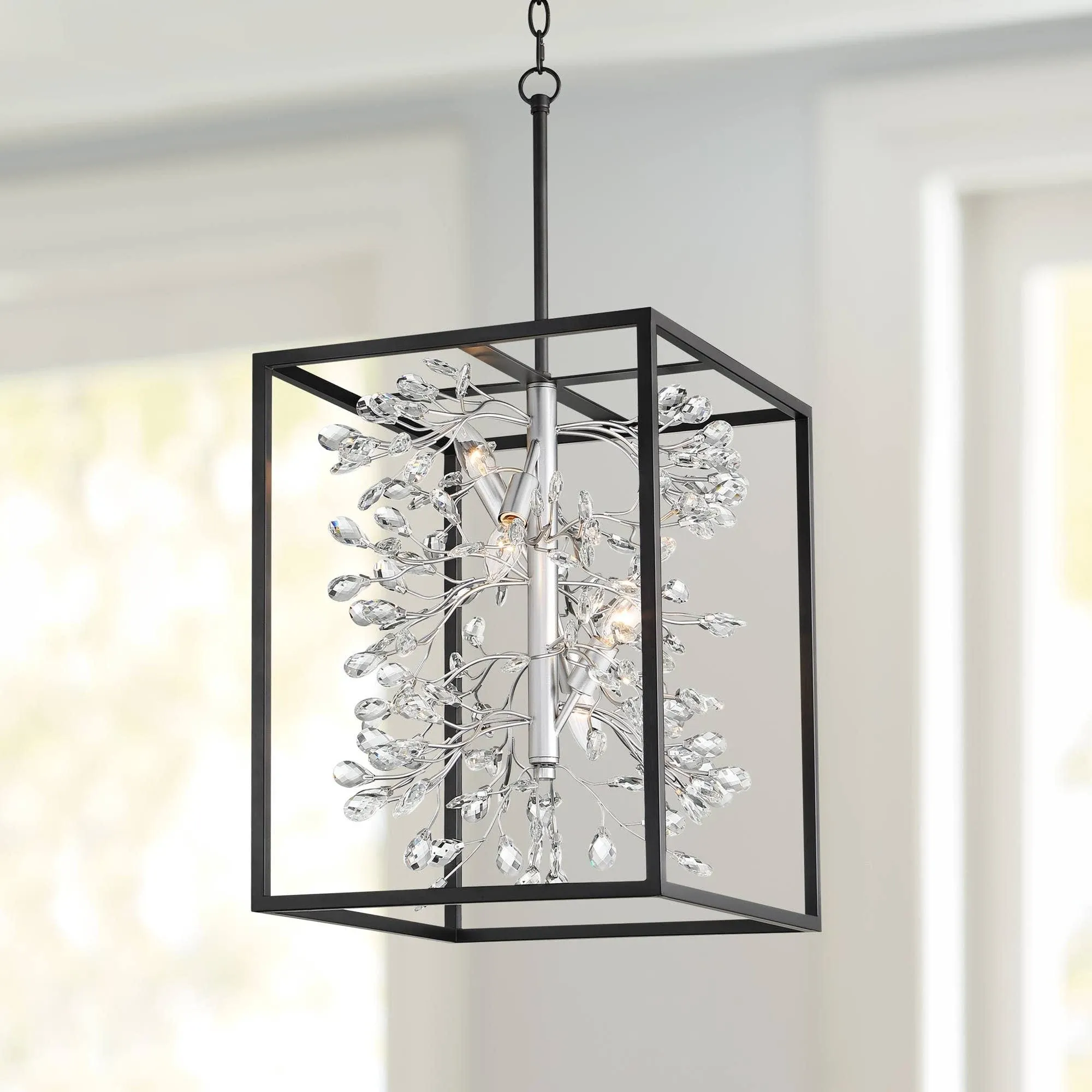 Black Silver Pendant Chandelier 15 1/4&#034; Modern Crystal 4-Light for Dining Room