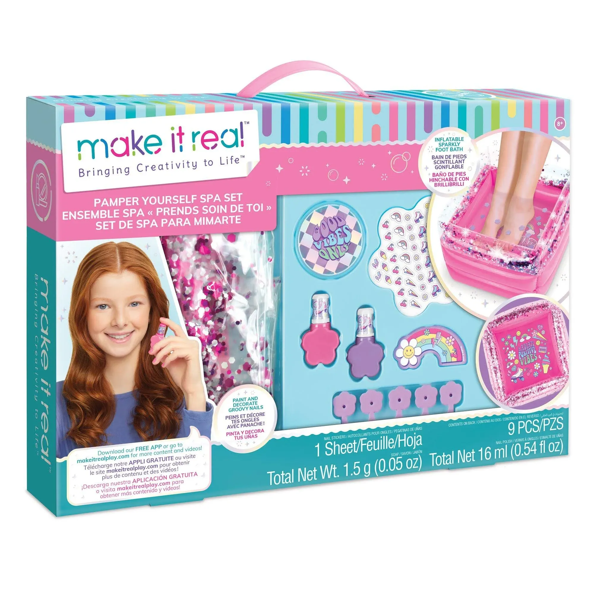 Make It Real: Pamper Yourself Spa Set - 9 pcs, Inflatable Sparkly Foot Bath & Accessories, Nail Polish & Art, Tweens, Girls & Kids Ages 8+