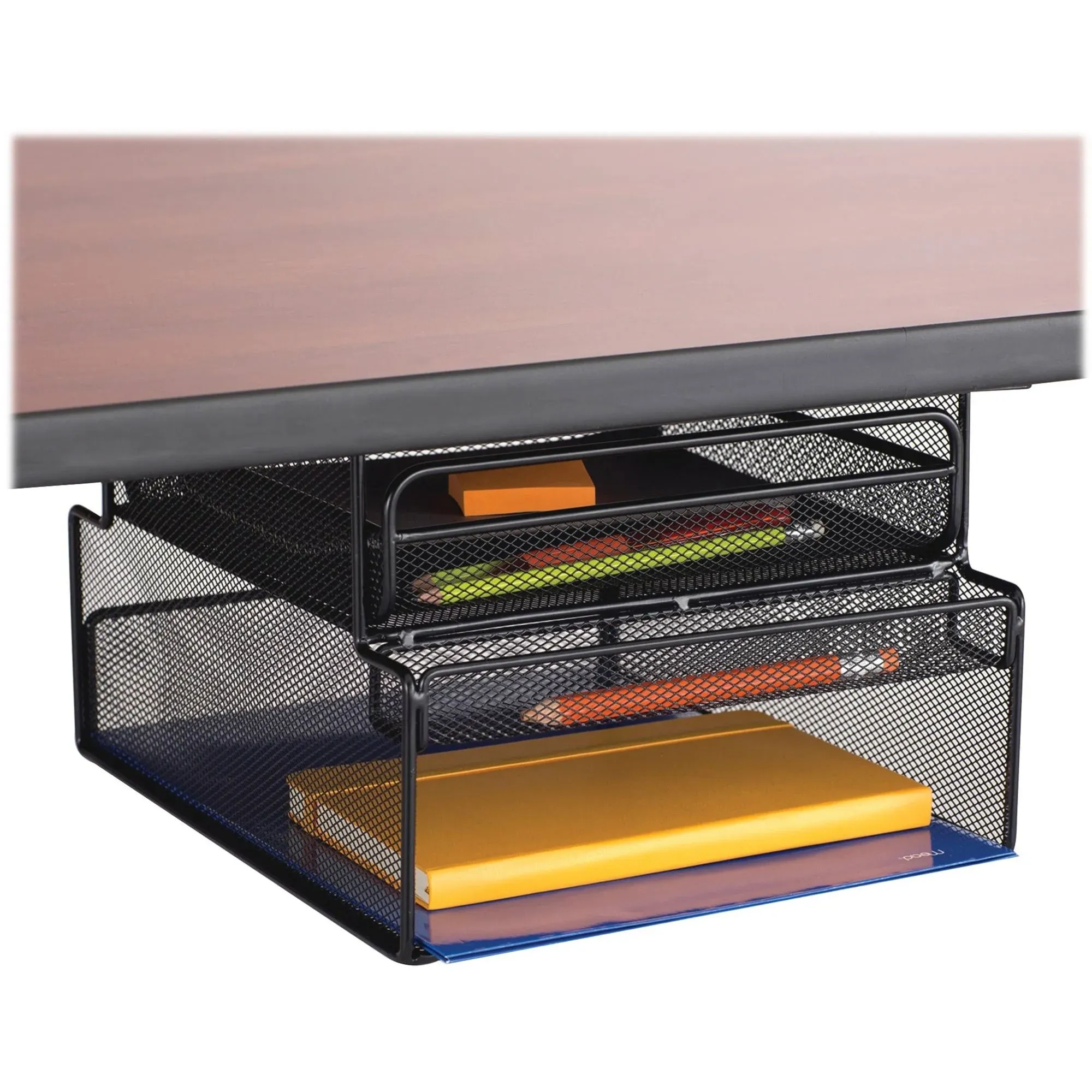 Safco Products 3244BL Onyx Mesh Deluxe Under Desk Hanging File & Paper Organizer, Black, Steel Construction, 2 Compartments, Tabletop or Desktop. Perfect for Home, Office & Classrooms, Black