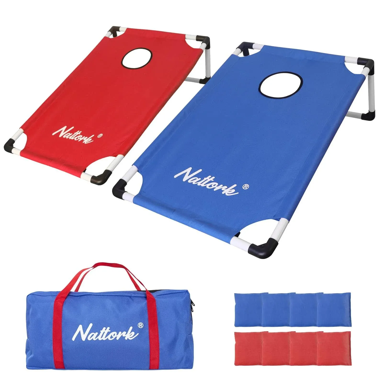 Nattork Portable Collapsible Cornhole Set with 2 Red &amp; Blue Framed 