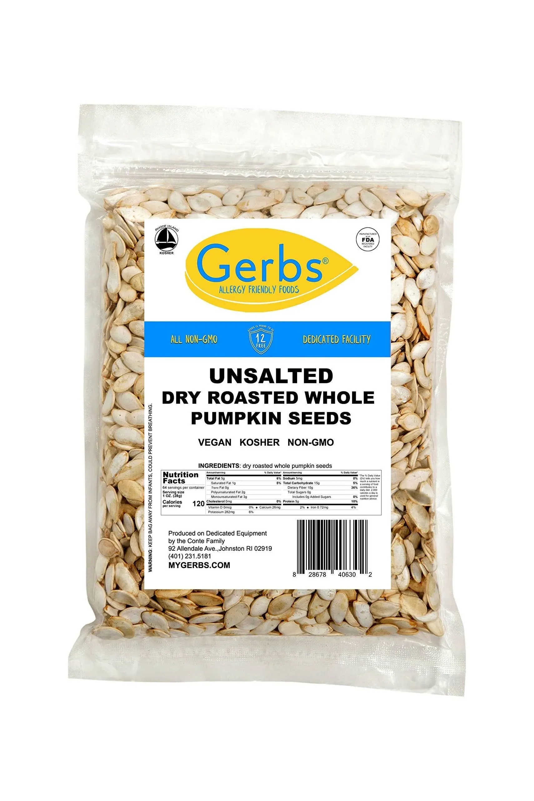 Gerbs Unsalted Roasted Whole Pumpkin Seed (Pepitas) in Shell 4 lbs, Top 14 Allergy Free Foods, Healthy Superfood Snack, Non Gmo,