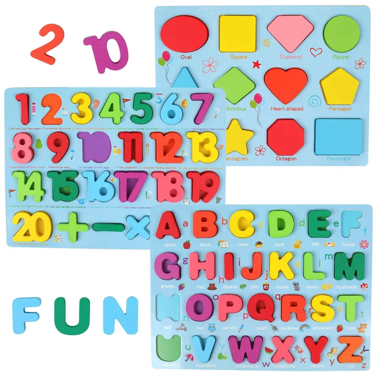 Gemem Alphabet and Number Puzzle Set Wooden Upper Case Letter Number and Shape ...