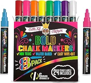 Bold Liquid Chalk Markers - Dry Erase Marker Pens for Chalkboards, Signs, Windows, Blackboard, Glass, Mirrors - Chalkboard Markers with Reversible Tip (8 Pack) - (Multicolored, 6mm)