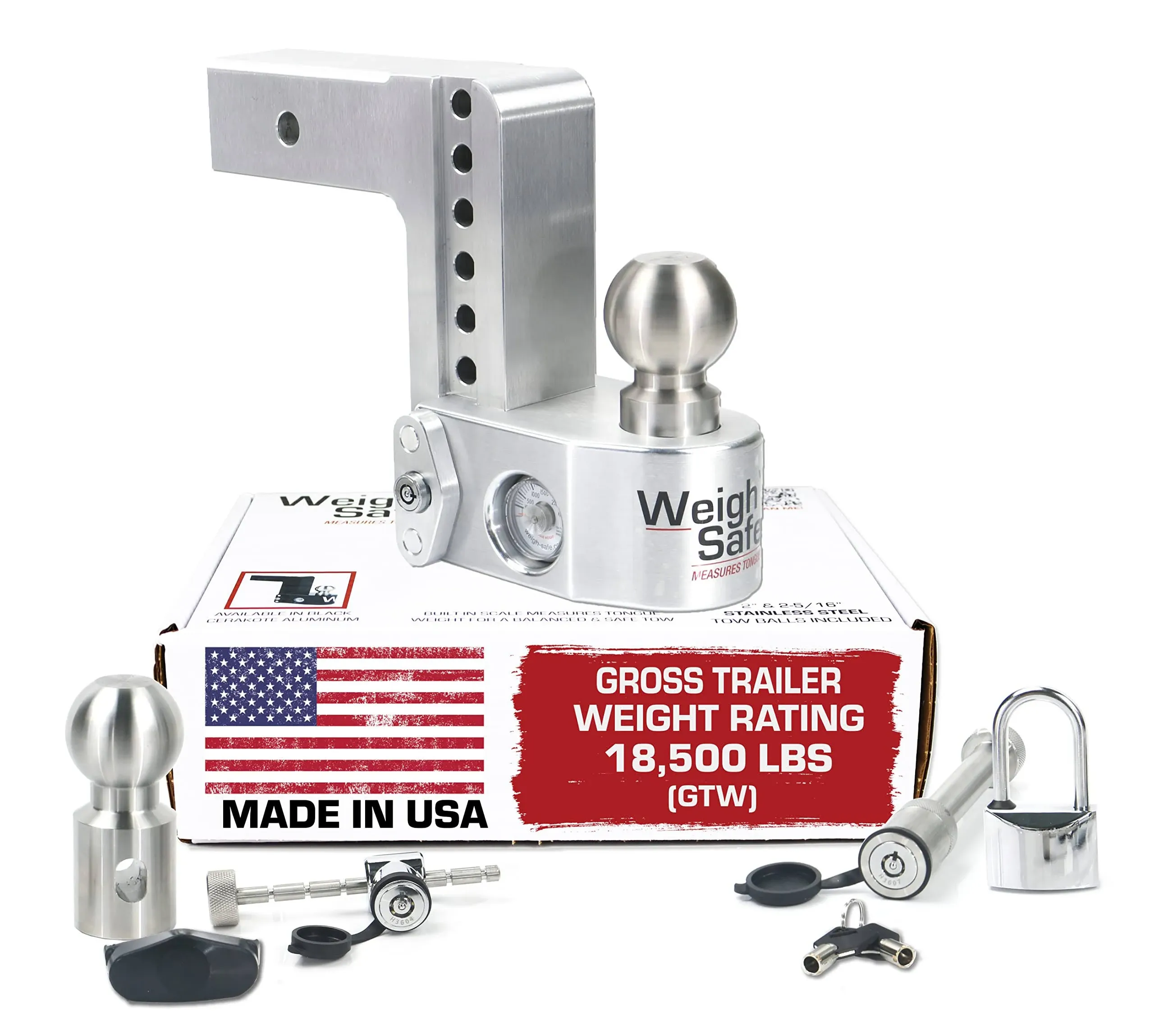 Weigh Safe Adjustable Trailer Hitch Ball Mount - 6" Drop Hitch for 2.5" Receiver w/ 4 pc Keyed Alike Lock Set, Premium Aluminum Trailer Tow Hitch w/Built in Weight Scale for Anti Sway, 18,500 lbs GTW