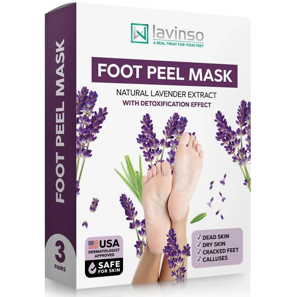 Lavinso Lavender Foot Exfoliator Peeling Mask for Dry Cracked Feet - 3 Pack - Remove Dead Skin and Callus - Foot Peel Mask for Baby Soft Feet