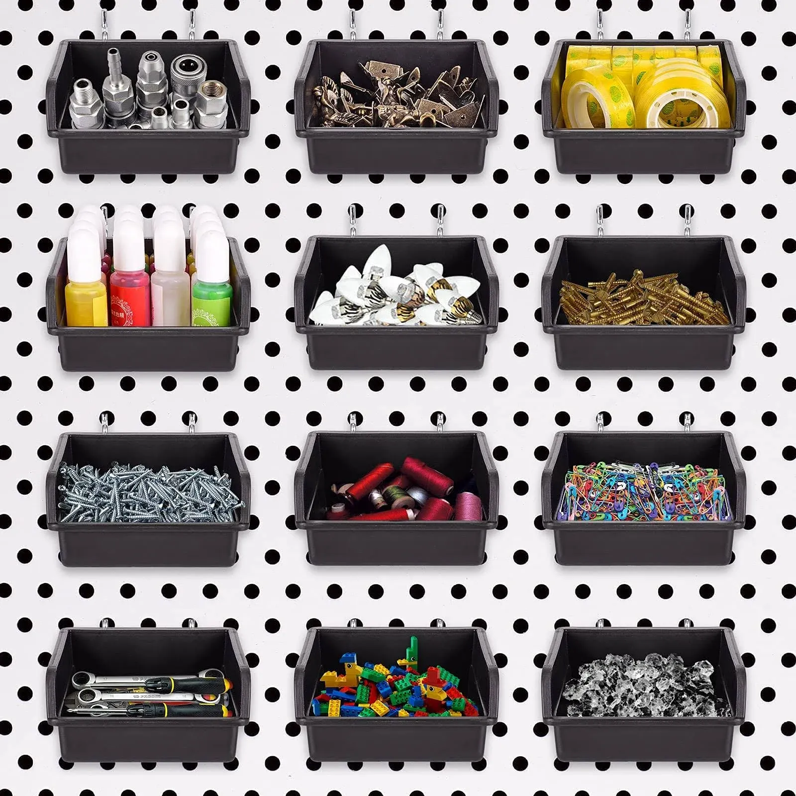 Pegboard Bins Cups With Hooks &amp; Loops 12 Pack Bin Set Peg Hooks Assortment Organ