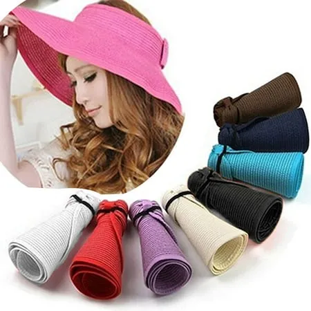 Women Sun Visors Foldable Straw Hats Summer Beach Packable Hat Floppy Wide Brim Cap Deep Style, Adjustable Size