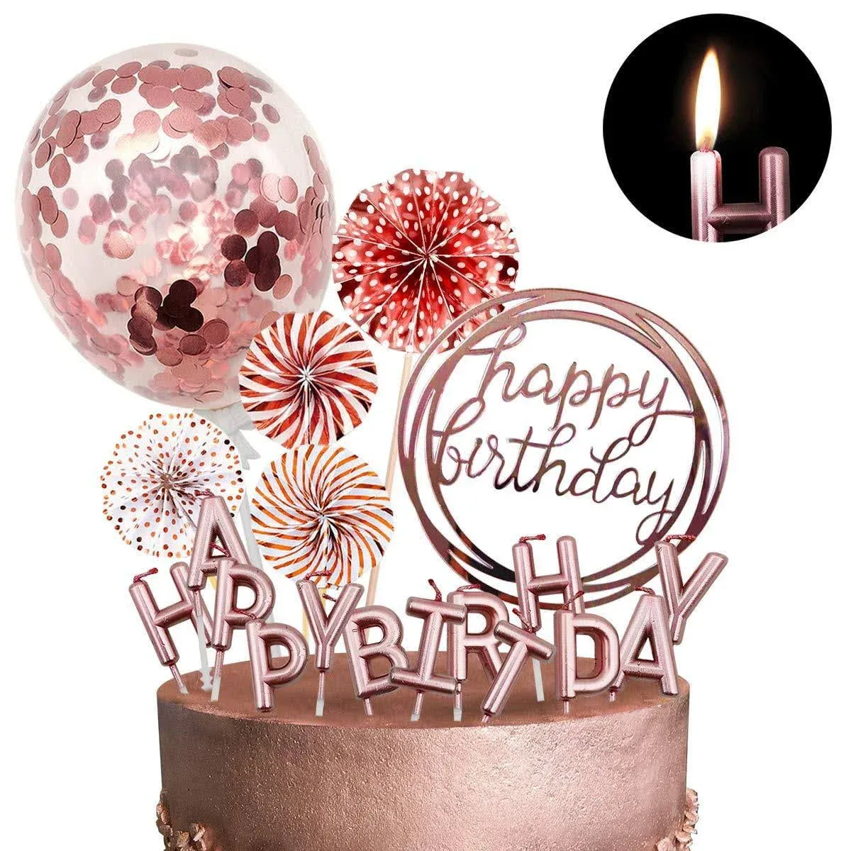 MOVINPE Rose Gold Cake Topper Decoration with Happy Birthday Candles Happy ...