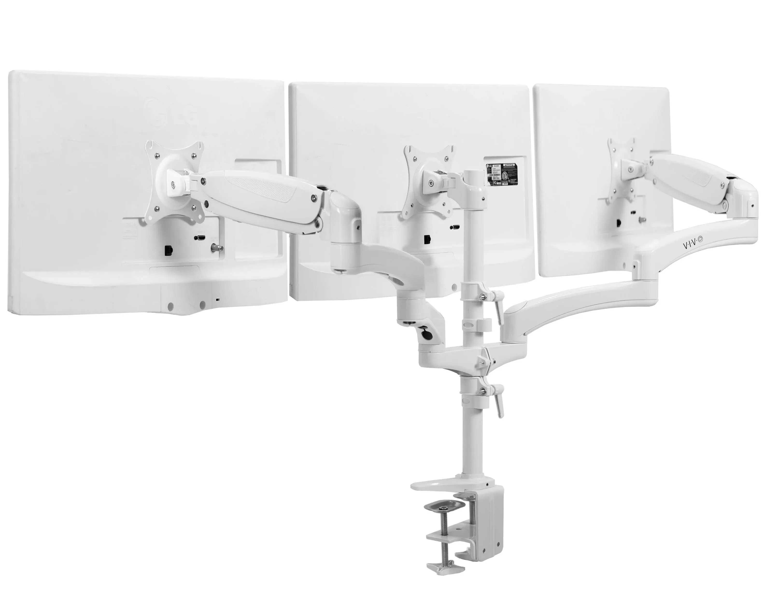 VIVO Triple Monitor Height Adjustable Desk Mount, 2 Pneumatic Arms, 1 Fixed, Counterbalance Stand, 17.6 lbs Weight Capacity per Screen, Max VESA 100x100, Fits up to 32 inch Screen, White, STAND-V300GW