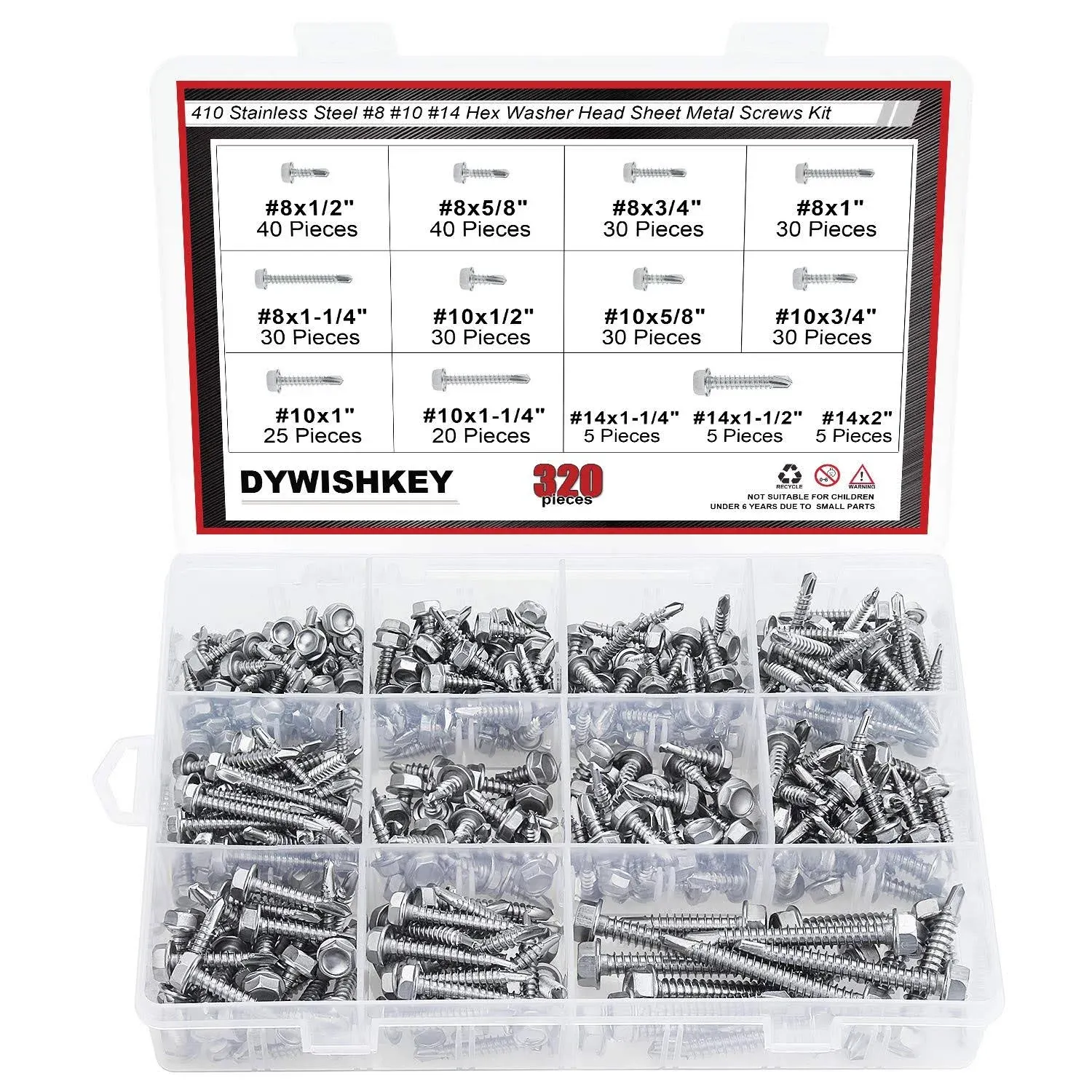 DYWISHKEY 320 Pieces 410 Stainless Steel Hex Washer Head Self Drilling Sheet Metal Screws