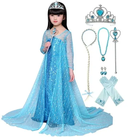 KAWELL Girls Princess Elsa Anna Costume Birthday Party Christmas Halloween Fancy Dress up With Accessories,Little Girls 3T