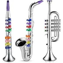 Set of 3 Saxophone for Kids Musical Instruments Toy Saxophone Toy Trumpet and Toy Clarinet with 8 Colored Coded Keys Teaching Songs for Toddlers Children (Silver)