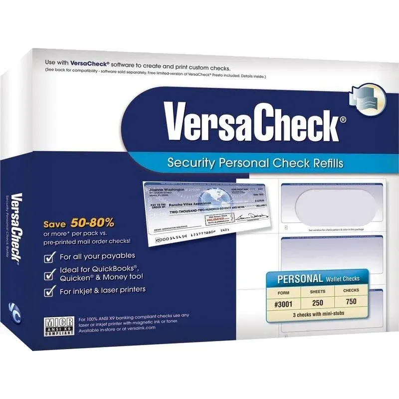 VersaCheck Security Personal Check Refills: Form #3001 - Personal Wallet - Blue Premium - 250 Sheets