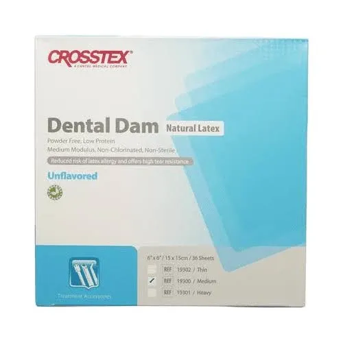 Crosstex 19301 Dental Dam, Latex, Unflavored, Heavy Gauge, 6" x 6" Size, Blue (Pack of 36)