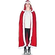 Skeleteen Red Velvet Santa Cape - Long Velour Hooded Cloak with White Fur Trimming Christmas Holiday Santa Claus and Mrs Claus Costume Robe with Hood - For Adults and Kids