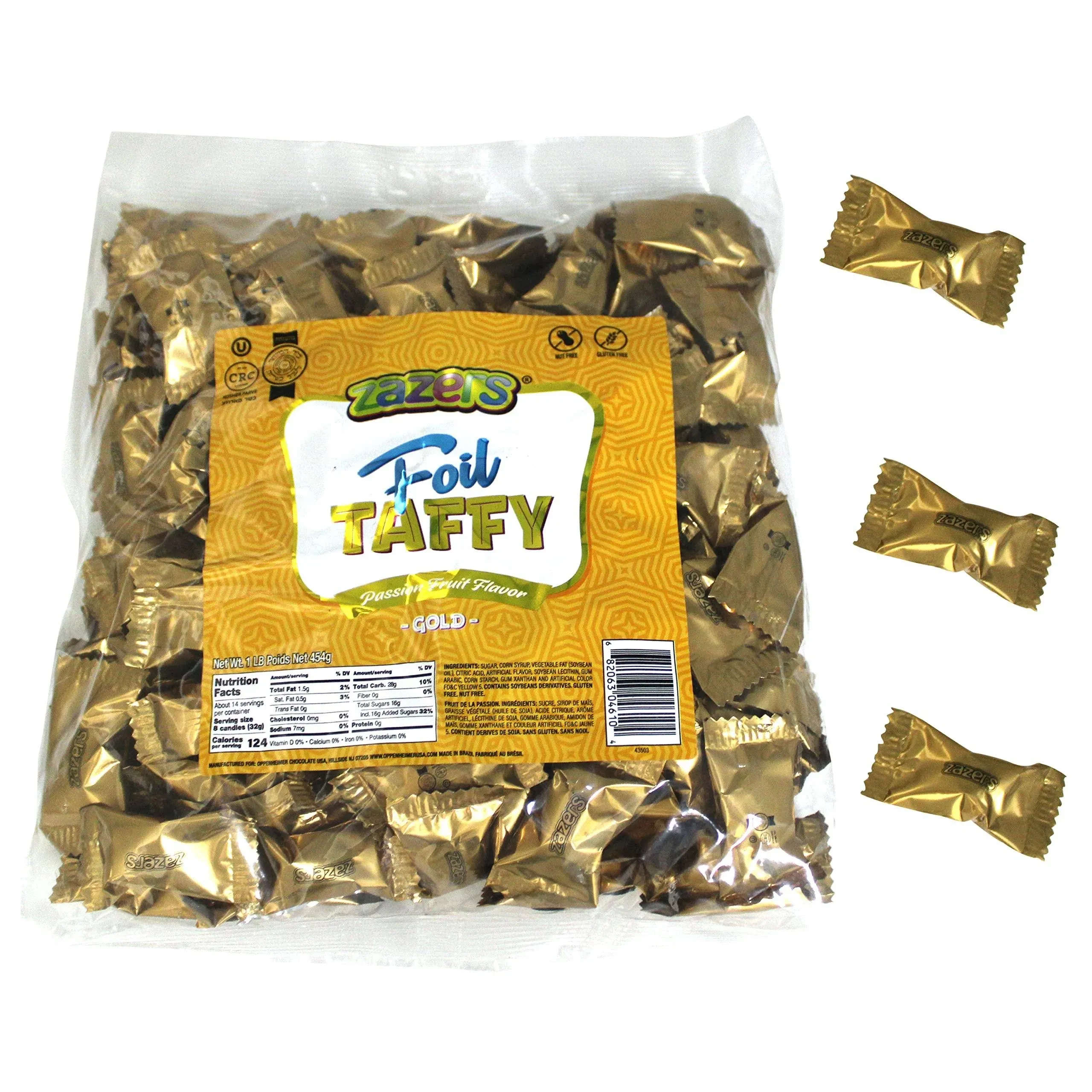 Gold Foils Chewy Filled Sweet and Sour Candy, 1-Pound Bag of Gold Color Themed Kosher Candies Individually Wrapped Passion Fruit-Flavored Taffies (NET WT 454g, About 112 Pieces)