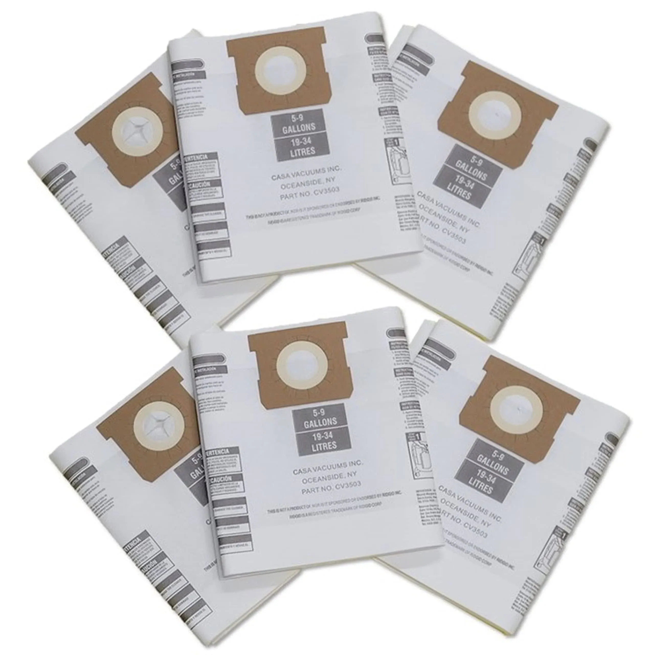 6 Replacement VF3503 Bags. Compatible with Ridgid 5-9 Gallon Wet/Dry Vacuum Units and Shop Vac 5-8 Gallon Units. High Efficiency Filtration General Collection Paper Bags.