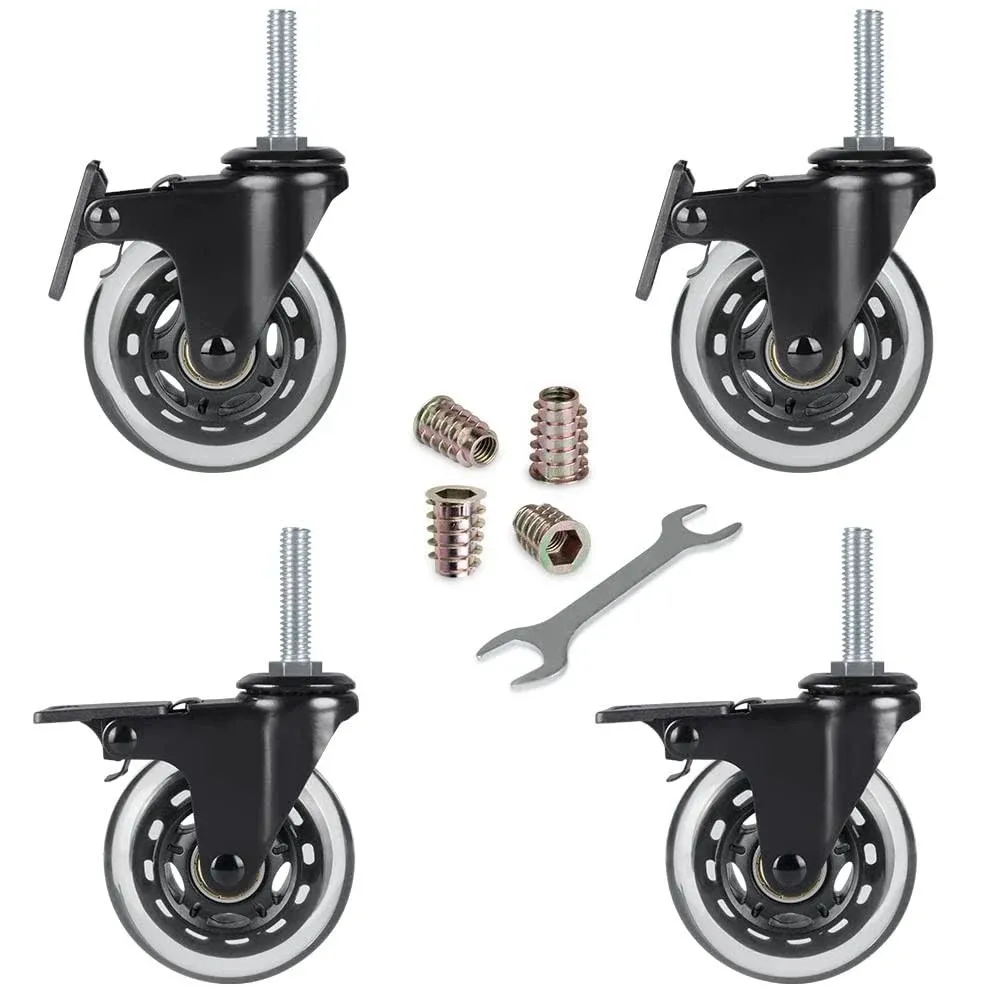 Hirate 3" Industrial Castors, 3/8"-16 x 1.5" Threaded Stem Swivel Locking Caster Wheels for Carts Dolly Workbench Trolley, includes Nylon Lock Nuts(set of 4 with Brake)