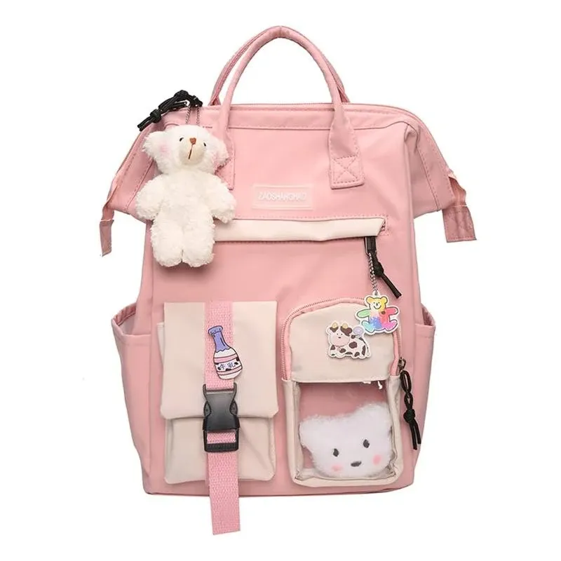 Kawaii Backpack with Cute Accessories Kawaii Pin Large Capacity Girl School Bag Rucksack Multi-Pocket Hanging Bear