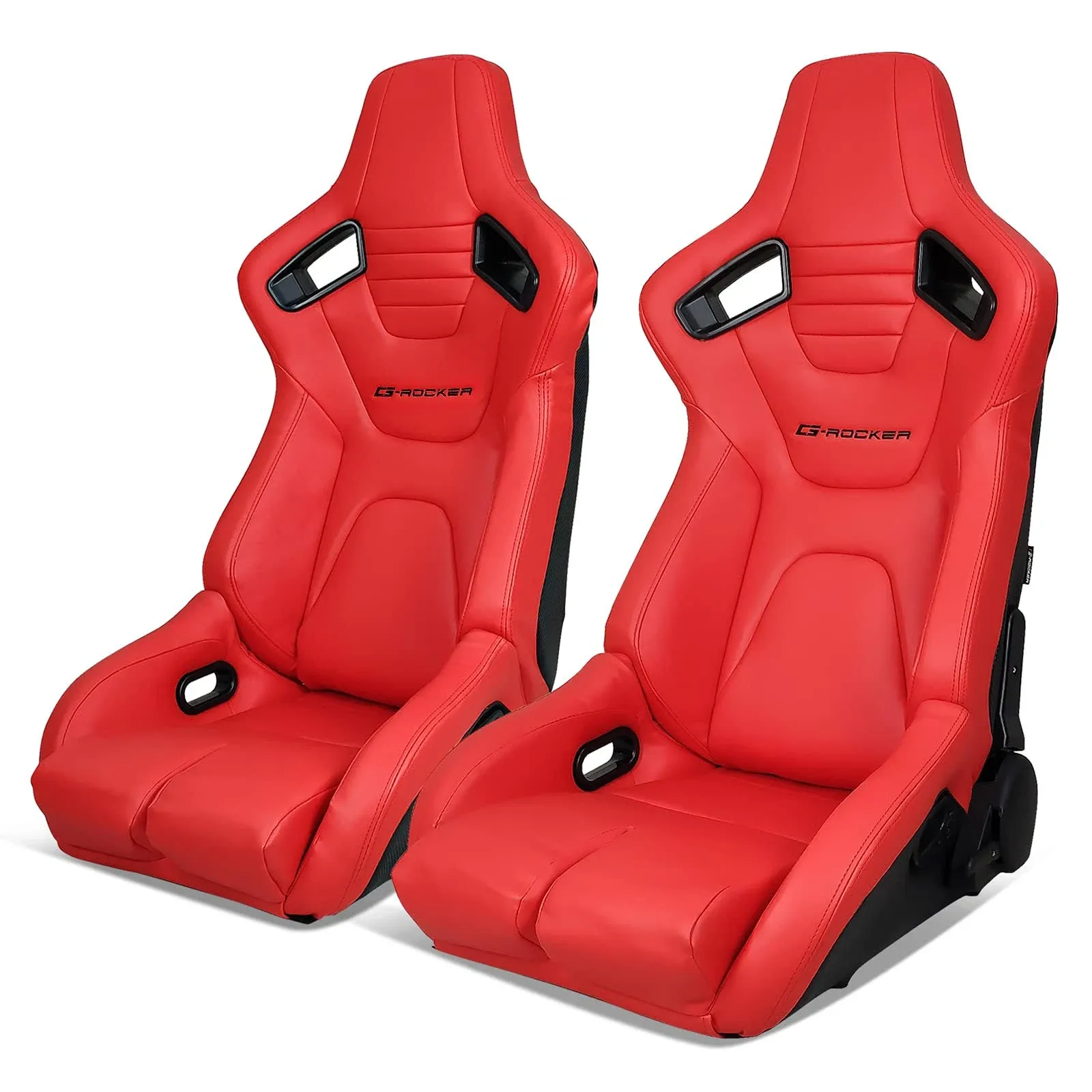 IKON MOTORSPORTS, Universal Racing Seats Pair with Dual Sliders, Red PU & Carbon Leather Reclinable Left Right