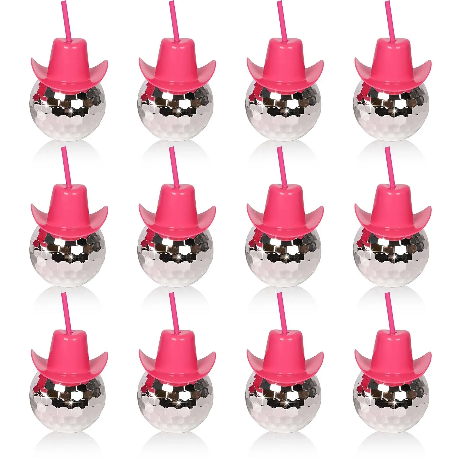 Disco Ball Pink Cowgirl Hat Cups with Straws Cowboy Western Party Supplies, Let’s Go Girls Single Girl Party Supplies… (Pink, 6Pcs)