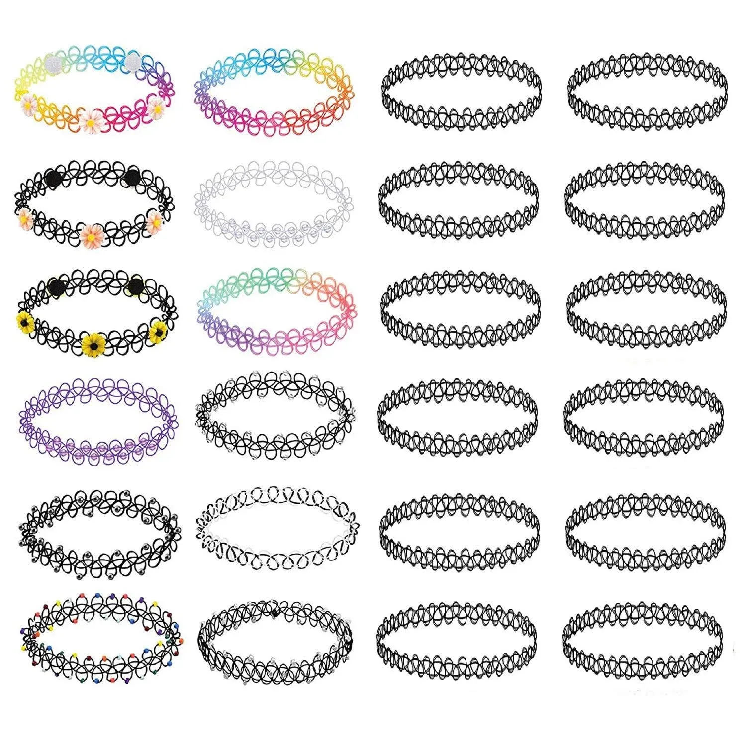 BodyJ4You 24pc Tattoo Choker Necklace Set - 90s Accessories Women Teen Girls Kids - Flower Charms Rainbow Gothic Black Henna Stretchy Jewelry - Summer