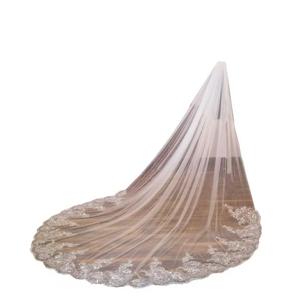 Women Cathedral Wedding Veil Long Bridal Veil Lace Sequins Edge with Metal Comb